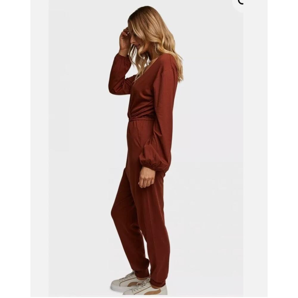 ABLE Clothing Sally Cotton Modal Jersey Long Sleeve Cherry Mahogany Jumpsuit L